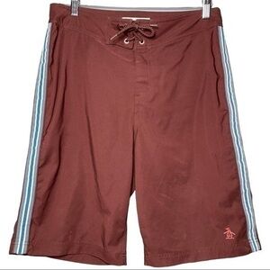 Original Penguin Men’s Size 30 Maroon Burgundy Blue Striped Swim Board Shorts
